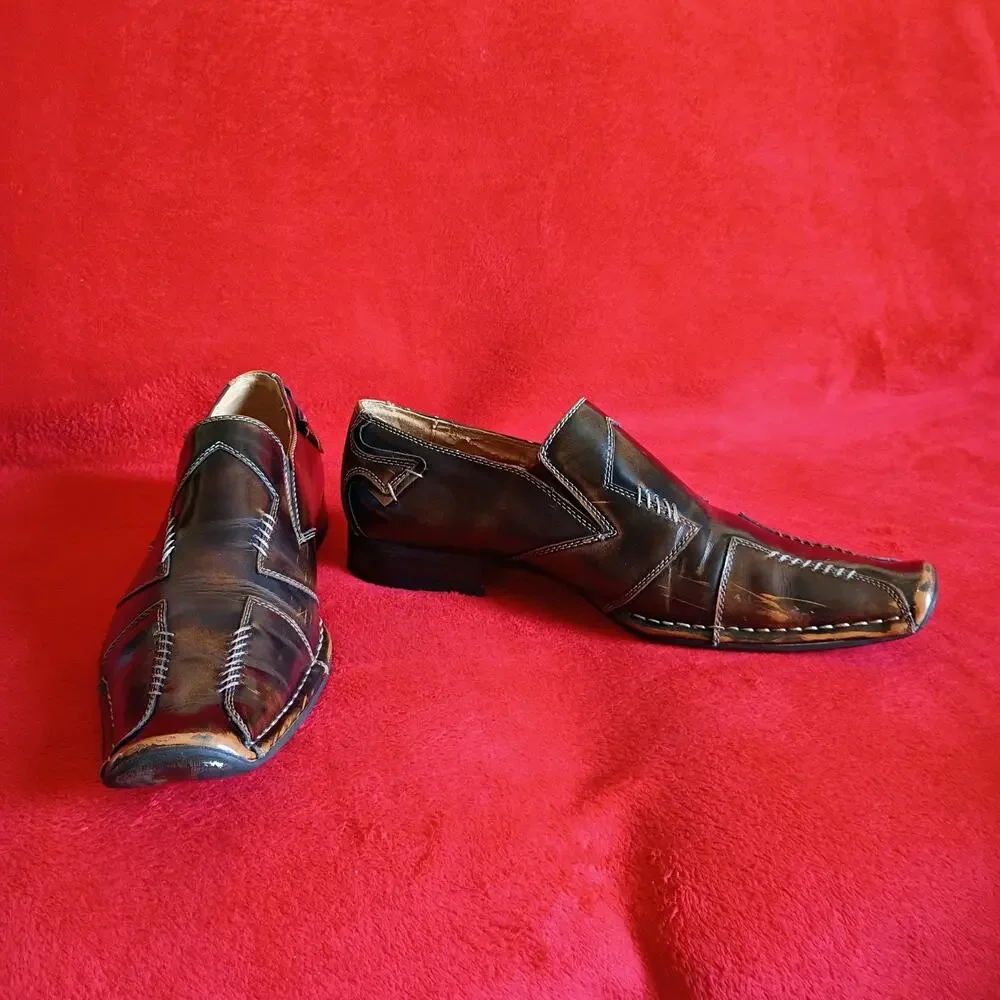A. Cellini Cross Stitched Leather Square Toe Loafers Mens Sz 11 M Brown Shoes